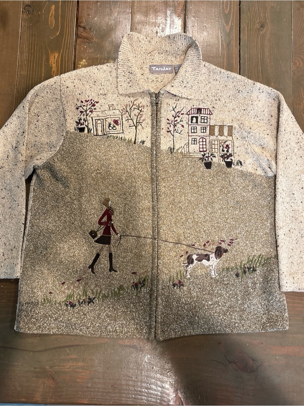TanJay Beige Knit Zip Front Jacket with Embroidered Village & Dog Motif